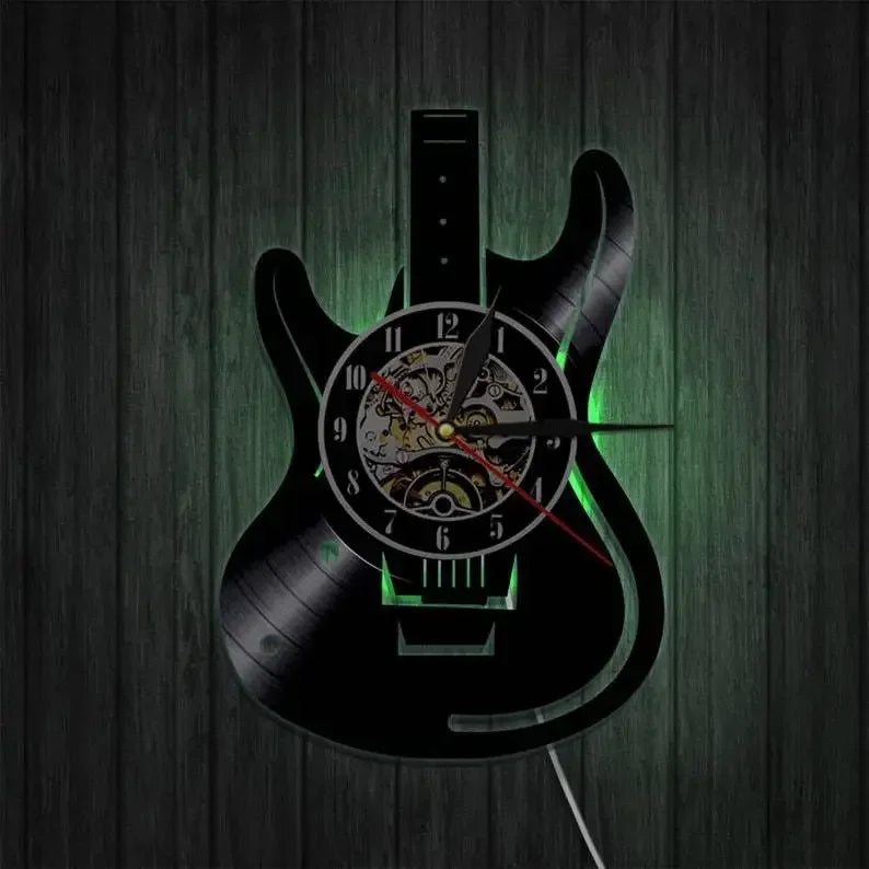 Vinyl Record LED Wall Clock , Music Theme Guitar Clock