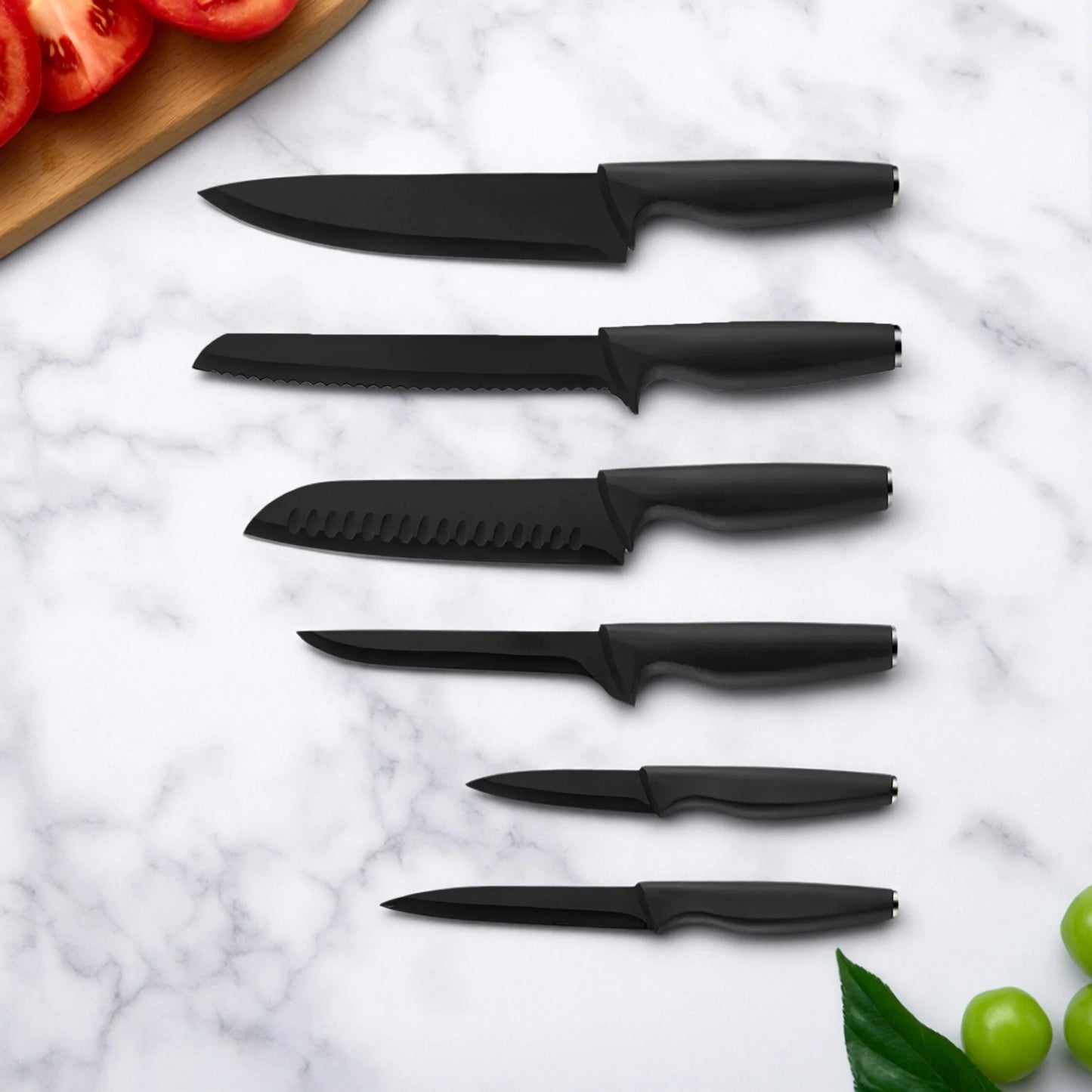 15-piece kitchen stainless steel knife set with knife holder, space-saving storage, full handling of ingredients.