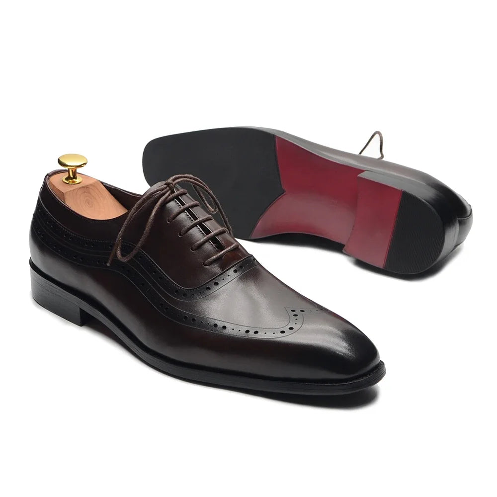 Men Wingtip Oxford Dress Shoes, Genuine Leather Brogue, Dark Brown Lace-up Pointy Toe, Business, Office, Wedding, Formal Shoes.
