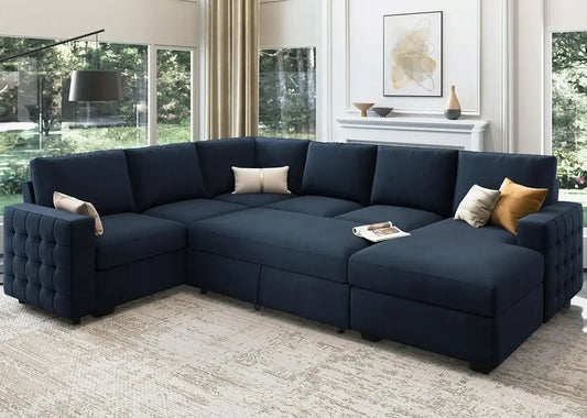 Sectional Sleeper Sofa with Pull Out Bed, U-Shape Sectional Couch Sleeper Bed with Storage, Chaise Lounge Living Room 6 Seater.