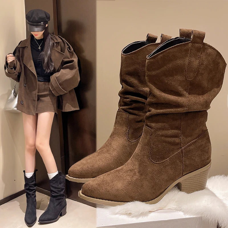 Women Autumn & Winter Flocked Mid Calf Boots, Non Slip Western Boots.
