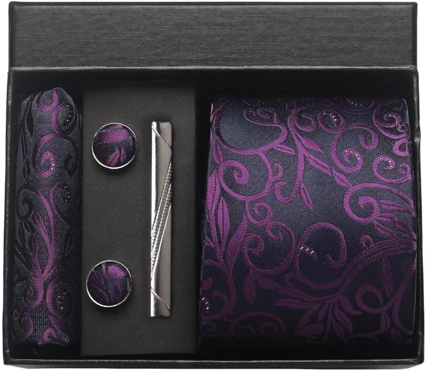 100% Silk Necktie Paisley Floral Men Business Tie, Pocket Square ,Tie Clip ,Cufflinks Set  Gift Box.