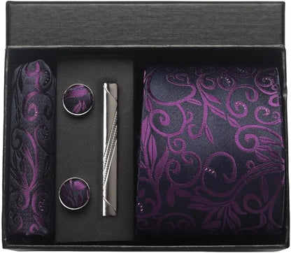 100% Silk Necktie Paisley Floral Men Business Tie, Pocket Square ,Tie Clip ,Cufflinks Set  Gift Box.