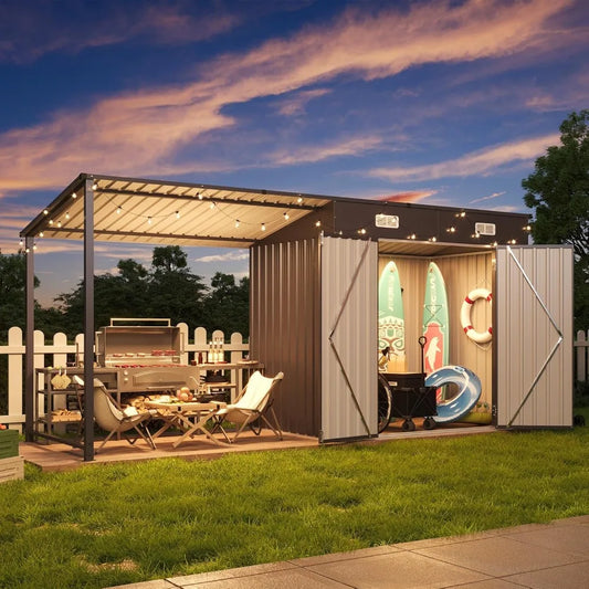 6x4FT Outdoor Metal Shed and Hardtop Gazebo Combo 12x4FT Lean to with Pergola Black.
