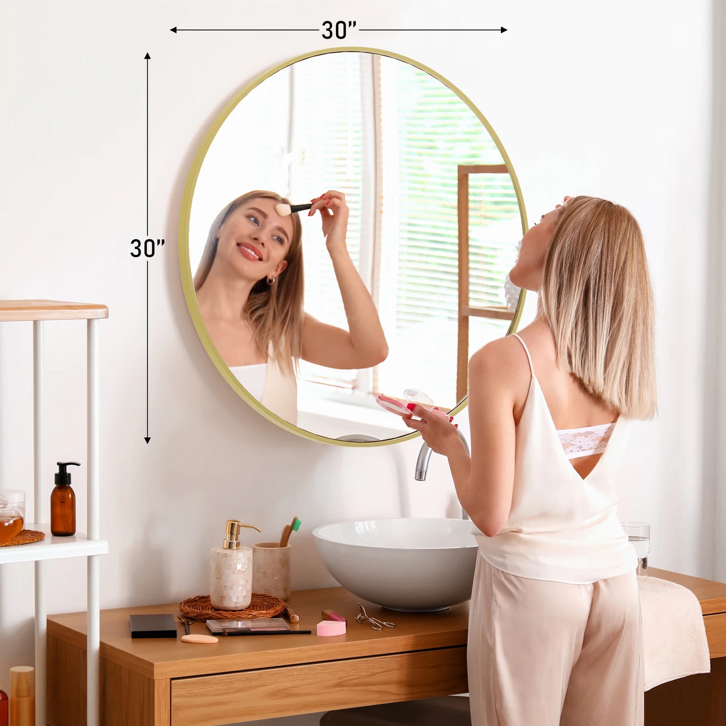 Large Gold Round Vanity Framed Mirror for Wall  Metal Framed 30 Inch  Mirror Tempered Glass