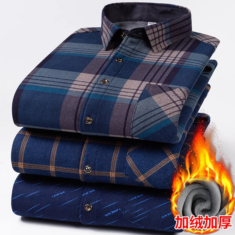 Men Travel, Casual ,Winter, Double-Sided Fleece, Warm Thickened Plaid Work Shirt.