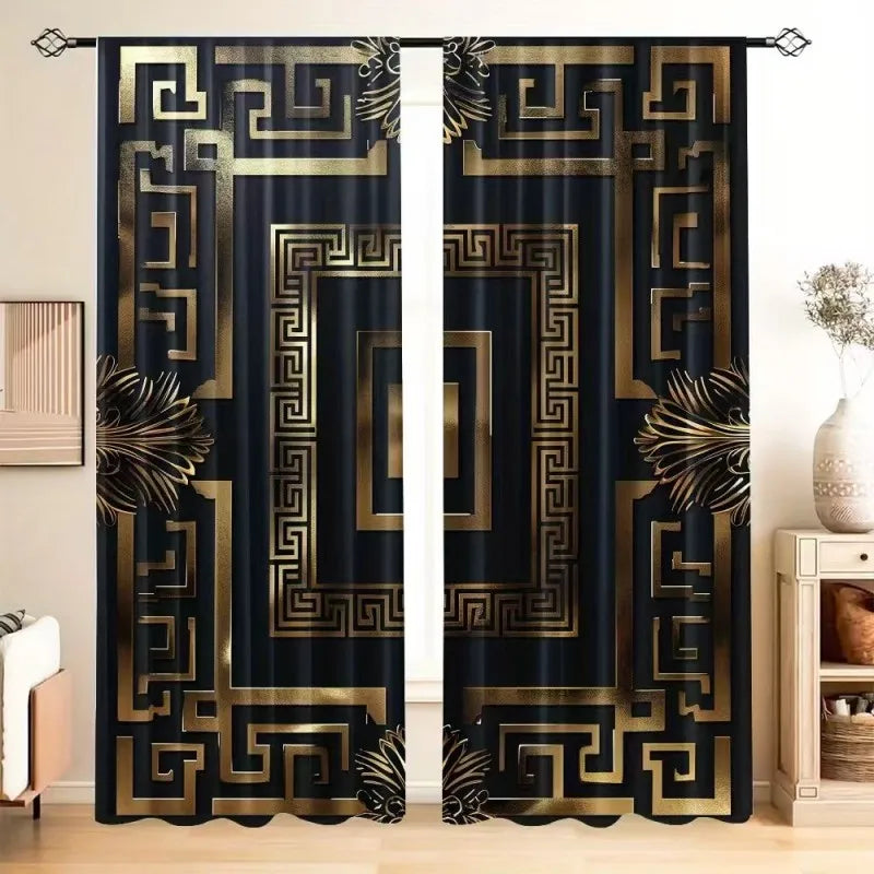 2pcs Gold patterned black background polyester curtains.