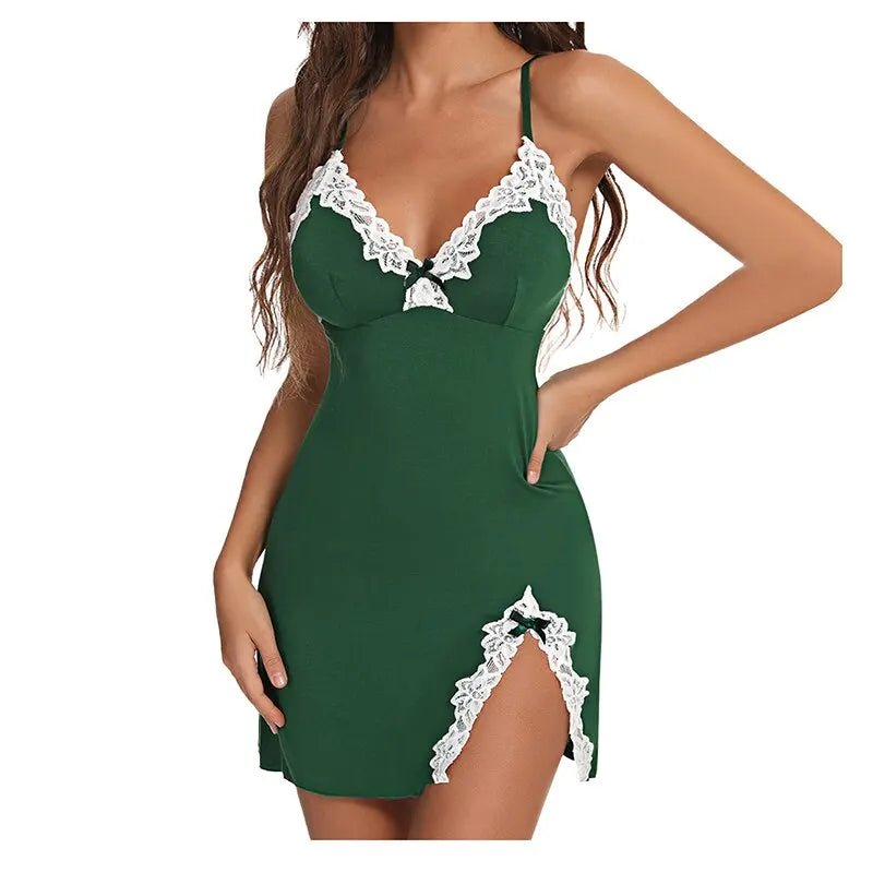 Sexy Sleepwear Women Lace Silk Satin V-Neck Nightgown