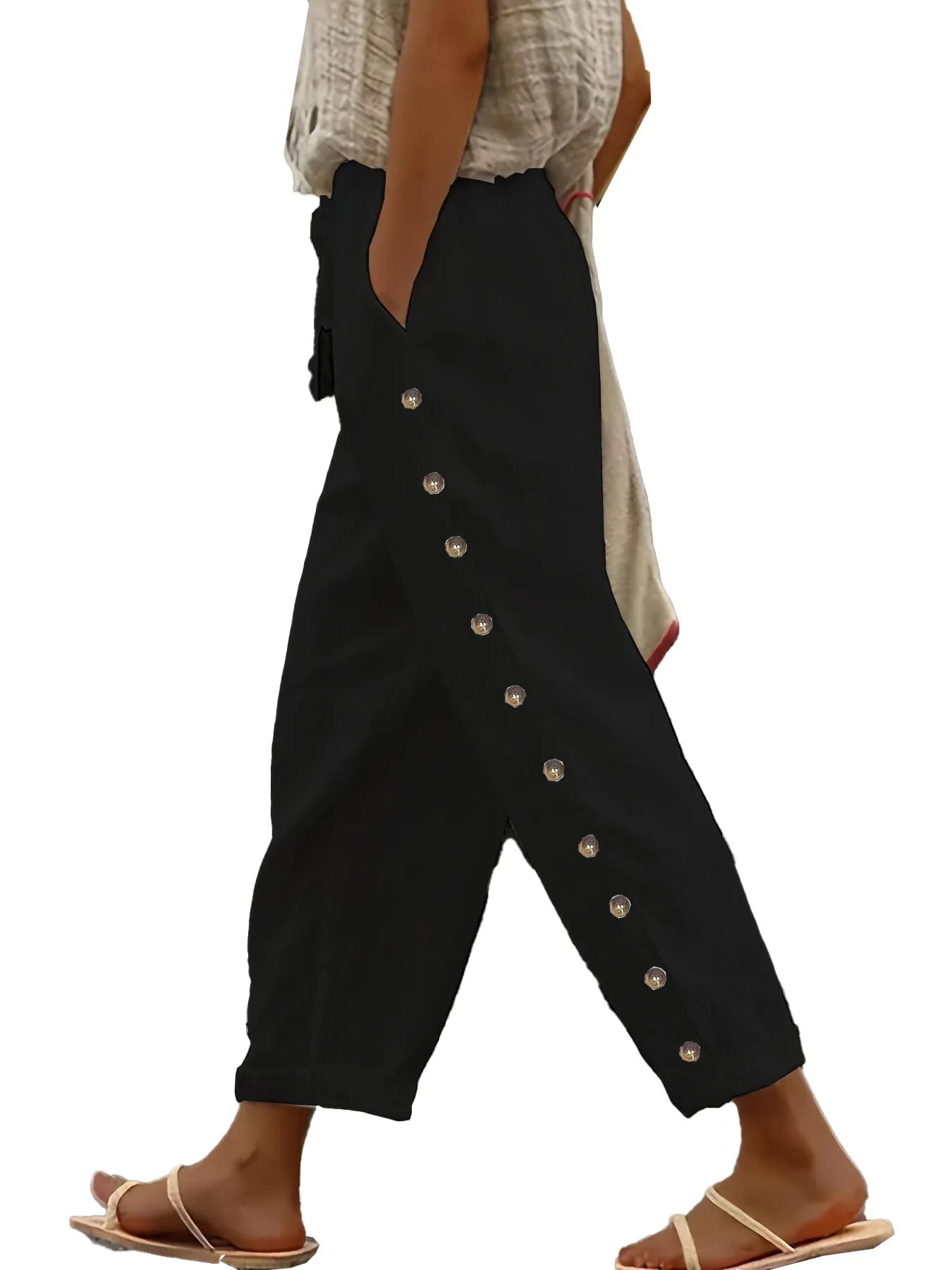 Women's Elastic Waist Pants - Relaxed Fit Casual Trousers, Versatile 3/4 Length Lounge Pants.