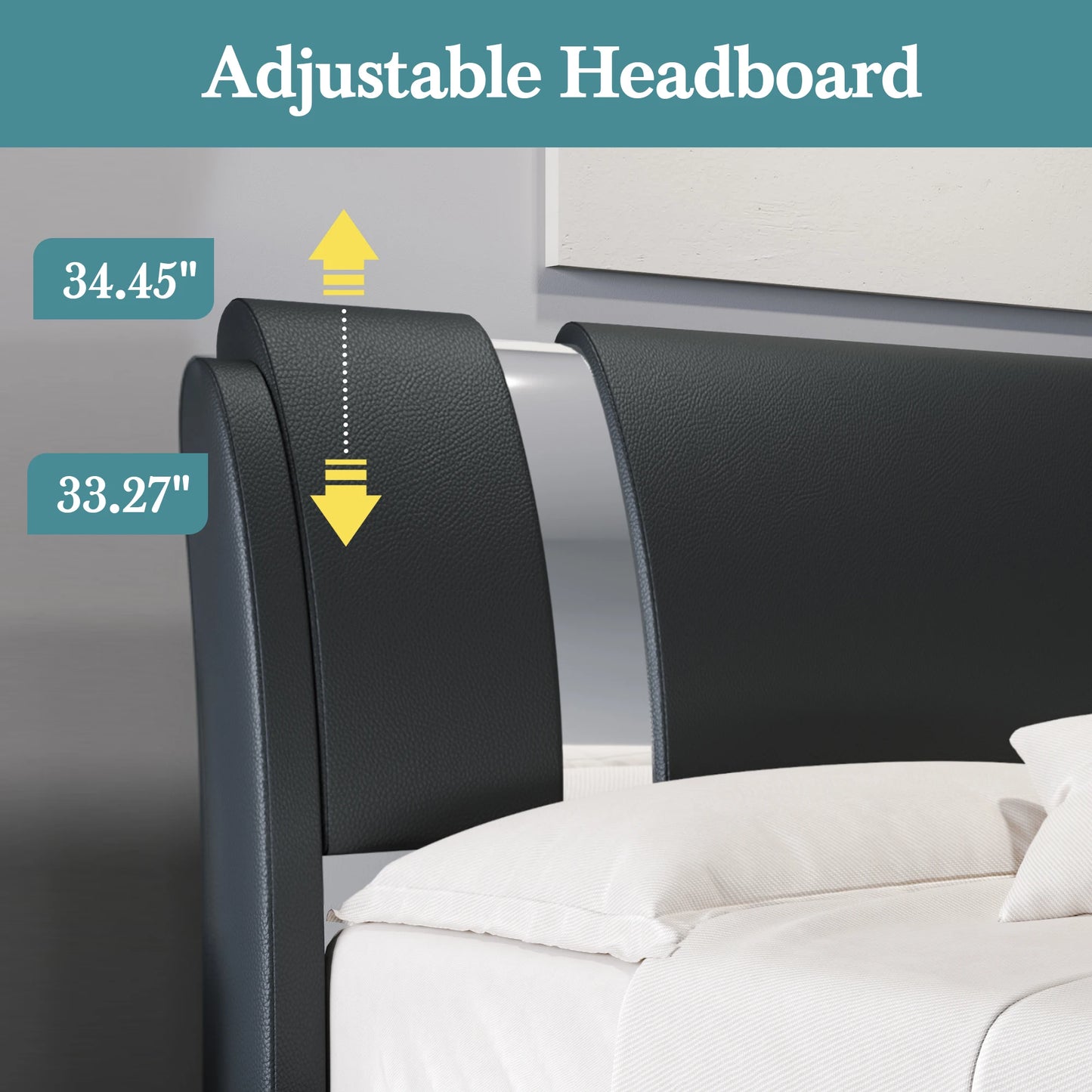 Modern Faux Leather Bed Frame with Iron Pieces Decor, Low Profile Platform Bed with Height-Adjustable Headboard.