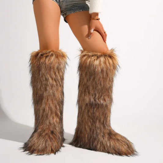 Long High Faux Fur Boots Women Big Size Winter Over Knee Leather Boots.