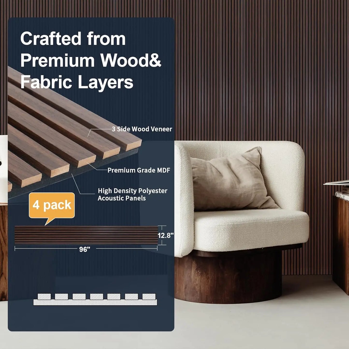 Panels for Wall, 4-Piece 96" x 12.6" Soundproof Wood Slat Panel ,for Interior Wall Decor. (Dark Walnut)