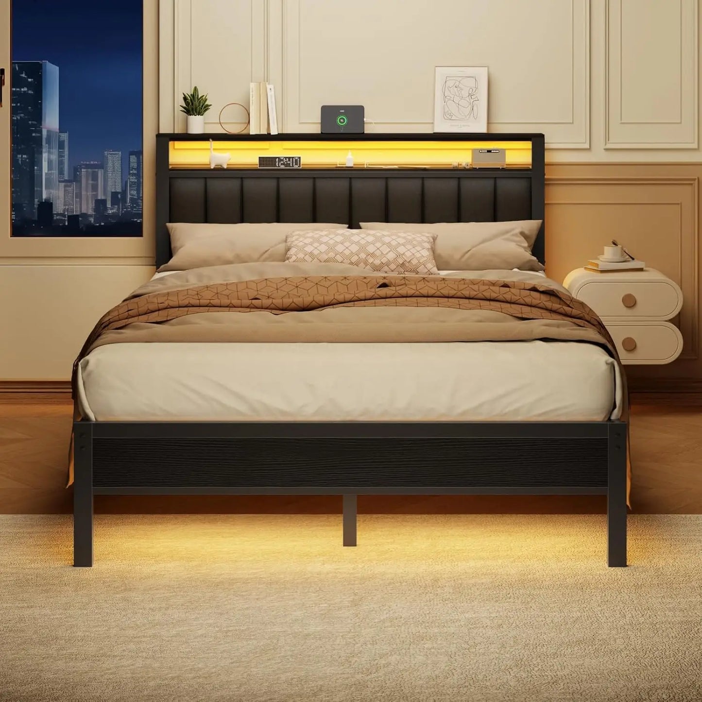 Queen Size Bed Frame with Charging Station and LED Lights, with Metal Slats, Grey Upholstered Headboard.