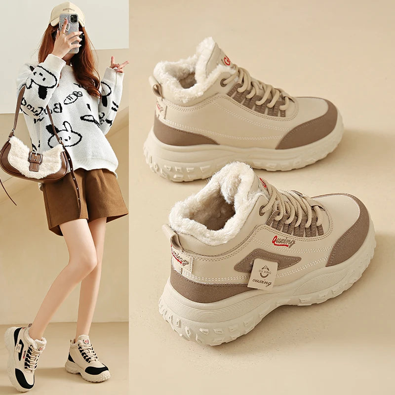 Winter high-top cotton shoes with fleece for women, outdoor casual sports, slip-resistant and durable.