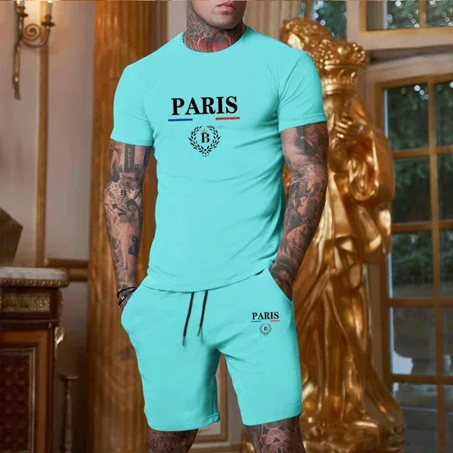 New Summer Men Fashion Short sleeved T-shirt and Shorts, 2-piece Set Sportswear  Casual Men Set.