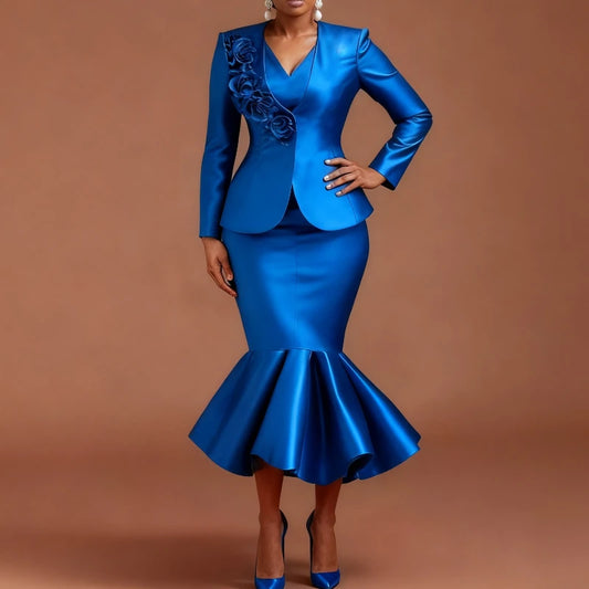 Women Shiny Two Pieces Set Office Ladies Blazer Coats 3D Flowers Inner Tank Dresses Mermaid Work Wear Autumn Fashion Business