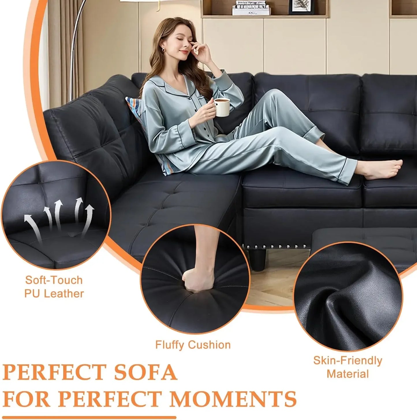 Sectional Sofa Couch, Modern 4-Seaters Living Room Furniture Sets, with Chaise Lounge, Ottoman & 2 Pillows | L Shape Couch.