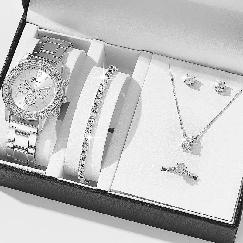 Women Quartz Watch Luxury Diamonds, Simple Stainless Steel Strap, Ring, Necklace, Earrings.
