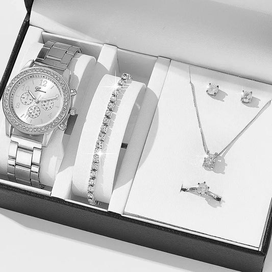 Women Quartz Watch Luxury Diamonds, Simple Stainless Steel Strap, Ring, Necklace, Earrings.