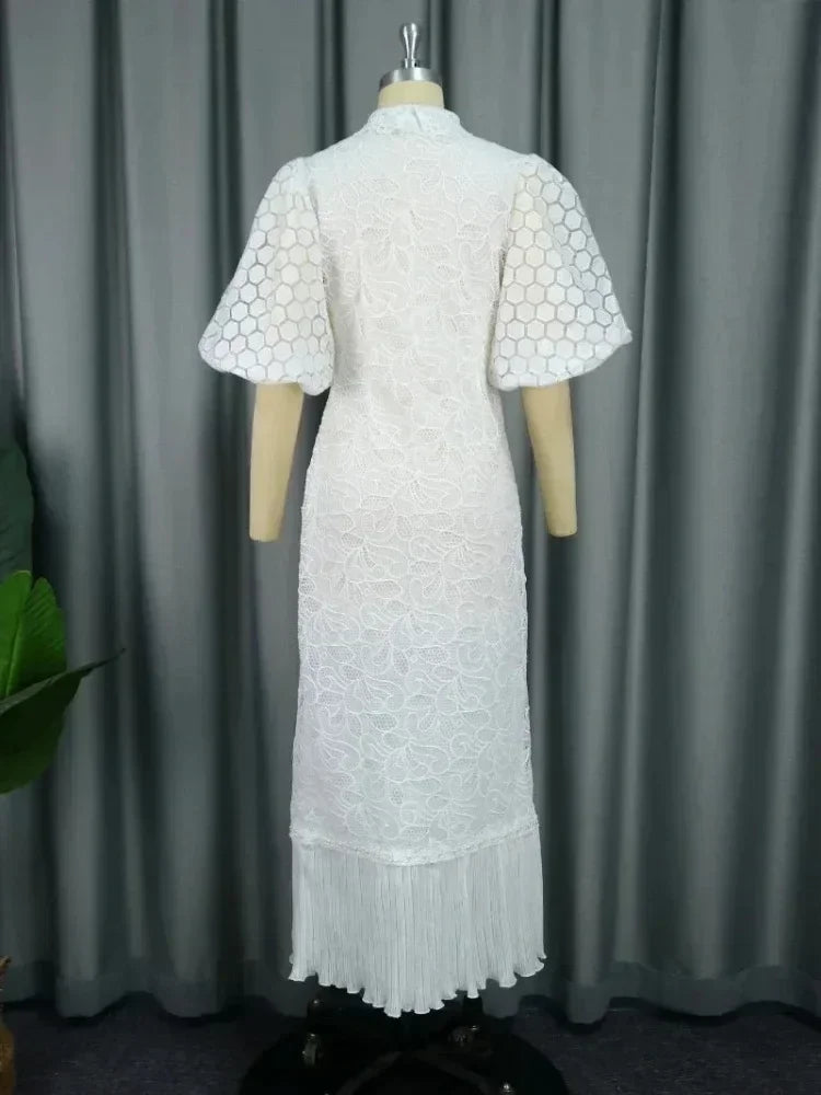 White Lace Dresses for Women , Elegant Turn Down Collar, Puff Sleeves Pleated Hem, Midi Dress Luxury Occasion Clothes.