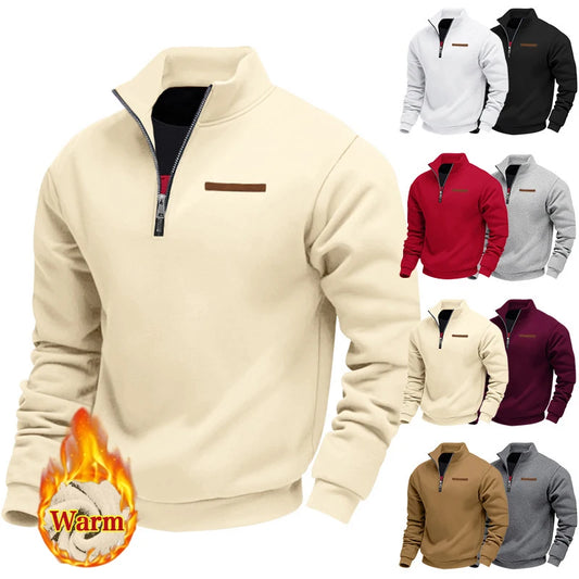 Men Fleece Long-Sleeved Sweatshirt, Autumn, Winter Half-Zip Loose Stand-Up Collar Pullover.