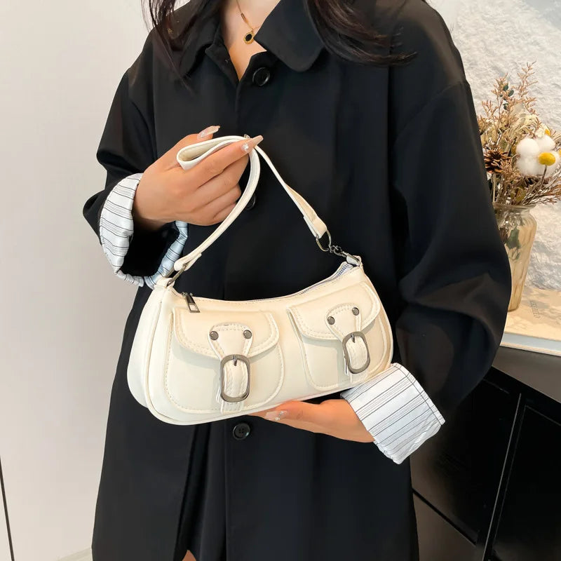 Fashion Pu Leather Women's Shoulder Bag, Small Double Pocket Design Ladies Underarm Bags Y2k. Vintage Female Handbags Clutch Purse