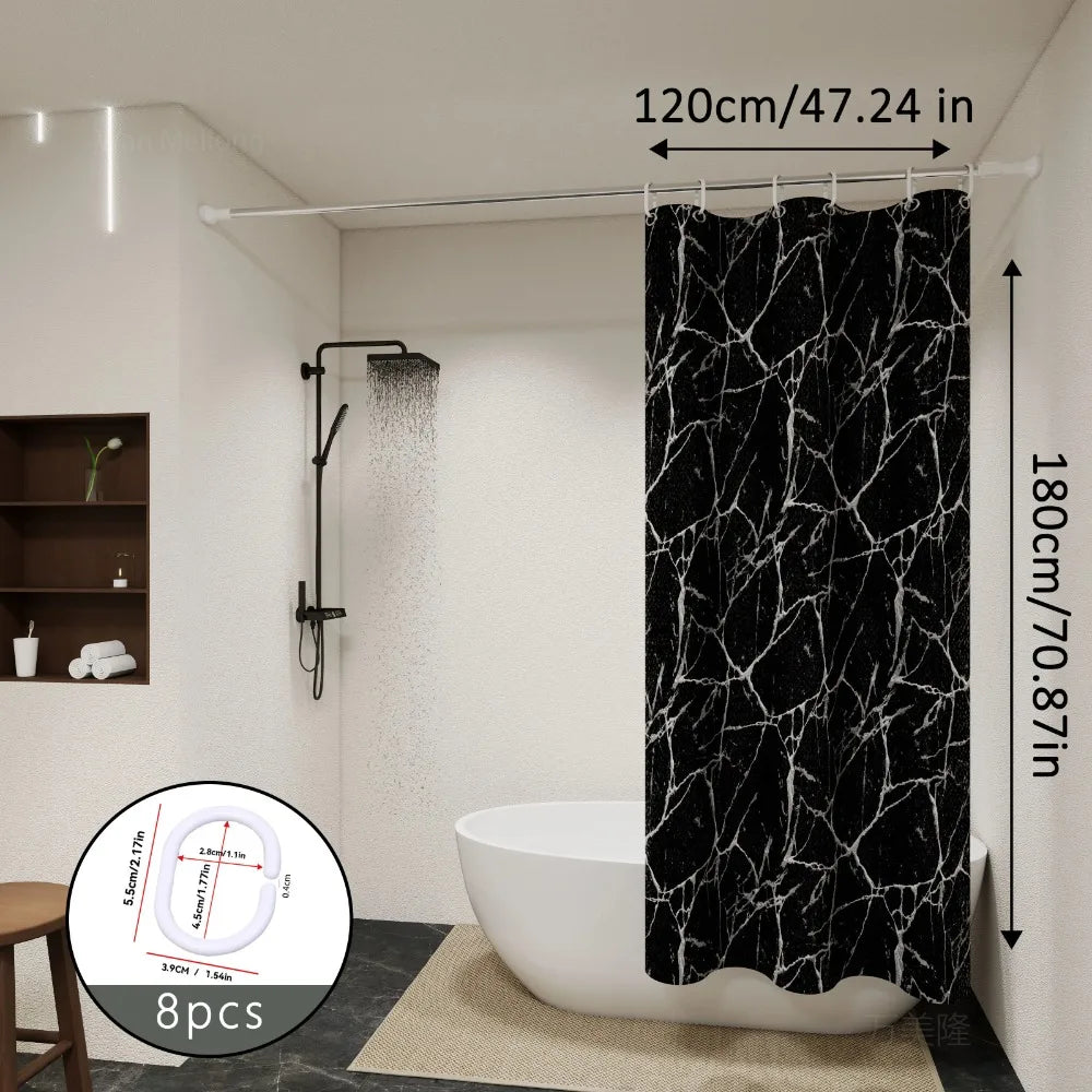 Bathroom Shower Curtain Easy Clean and Wipe Marble Curtain with Hooks