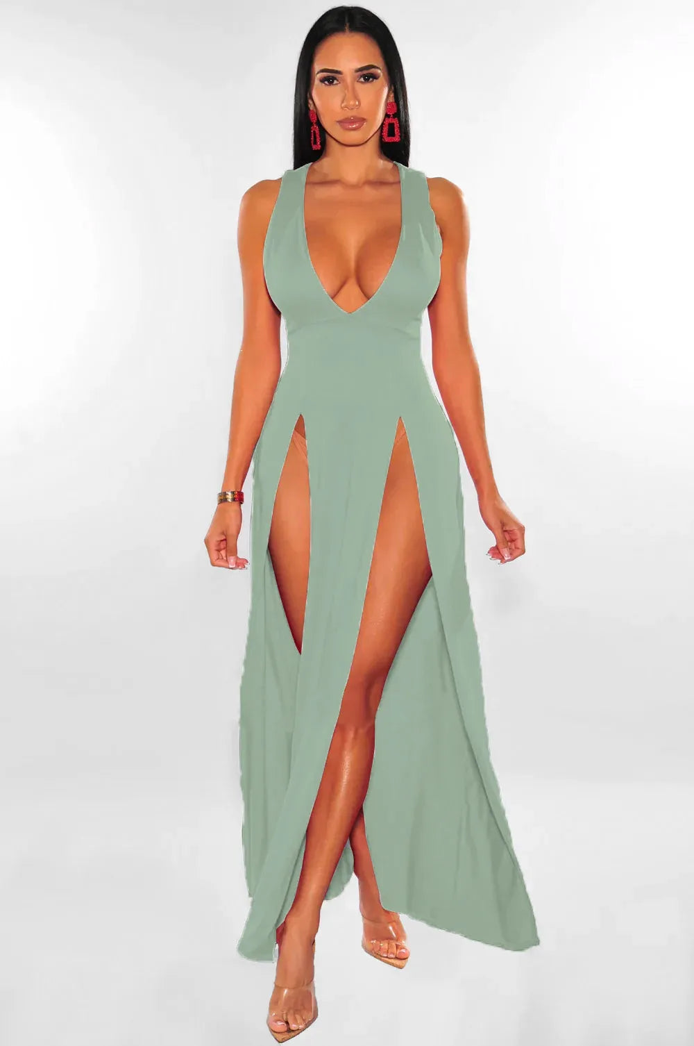 Summer New Women Sexy High Split Dresses, Sleeveless Deep V-Neck High Slit Long Party Bodycon Red Dresses.