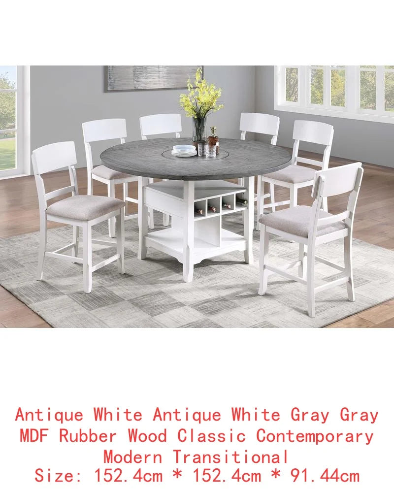 Classic 7-Piece Counter Height Dining Set, with Antique White and Gray Table, Lazy Susan, Built-in Leaf, and 6 High Chairs.