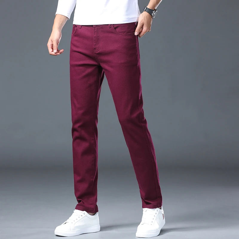 Men Fashion Classic Jeans Solid Color  Streetwear Trousers Stretch Slim-fit