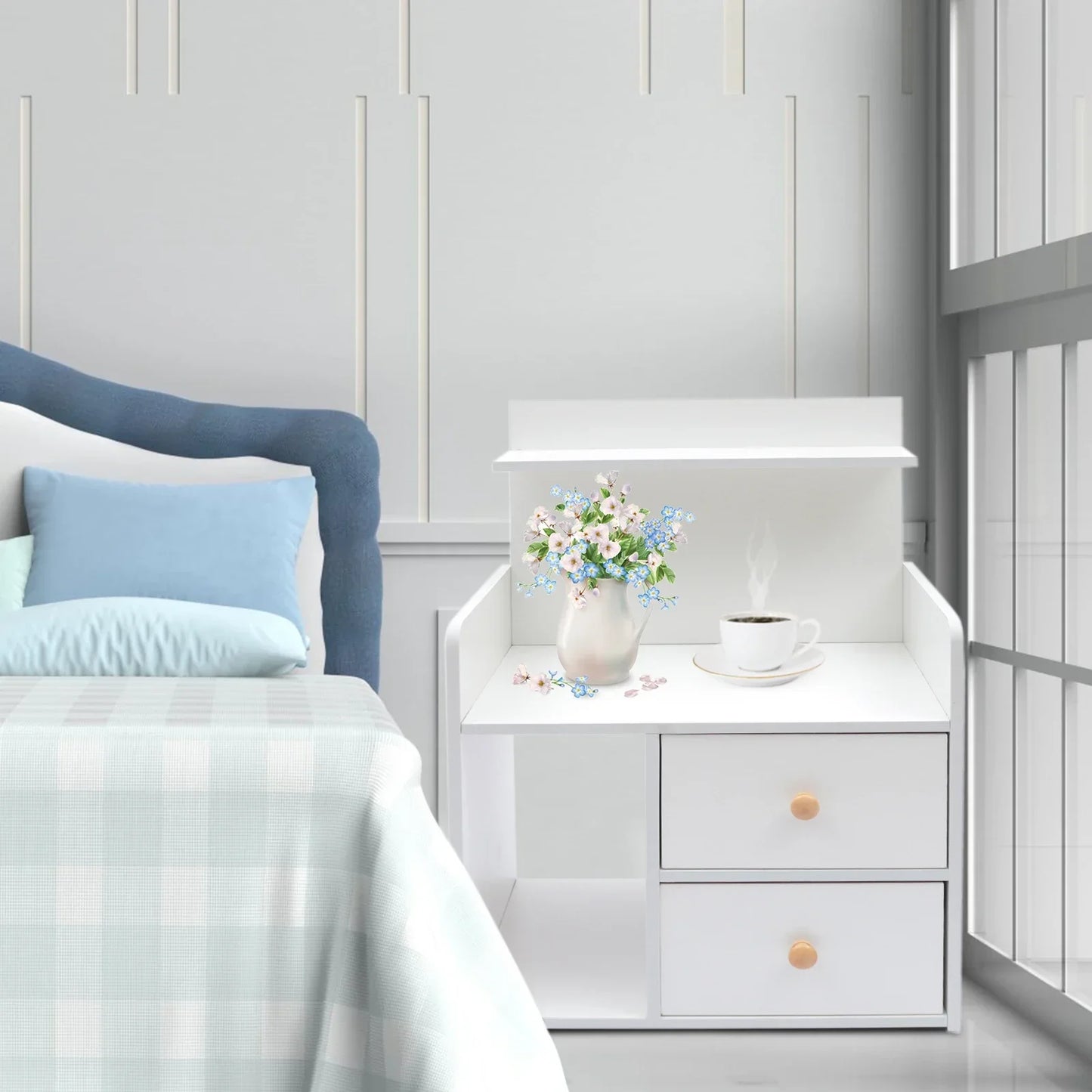 Warm White Nightstand with 2 Drawers, 16.9x10.2x23.6In Compact Bedside Table.