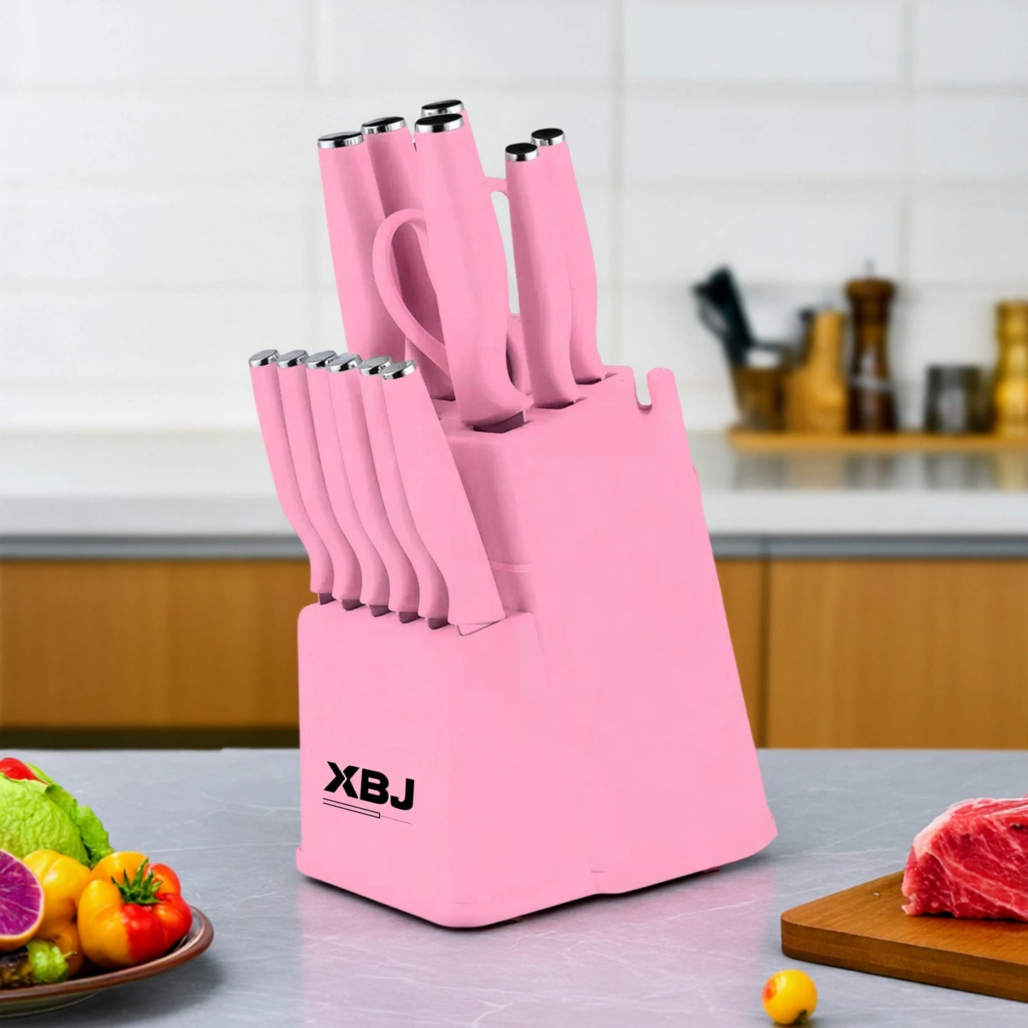 15-piece kitchen stainless steel knife set with knife holder, space-saving storage, full handling of ingredients.