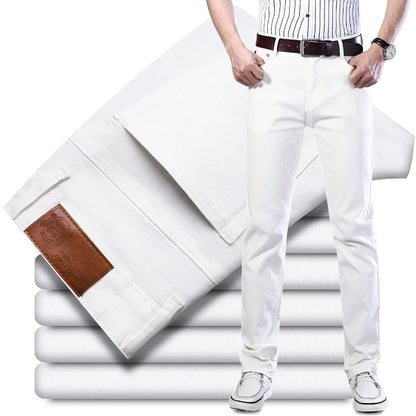 Men's White Jeans Straight Elastic Cotton Denim Pants