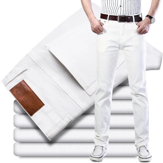 Men's White Jeans Straight Elastic Cotton Denim Pants