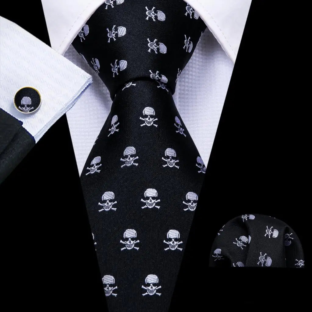 Black White Gray Silver Men Tie Handkerchief Cufflinks Set.