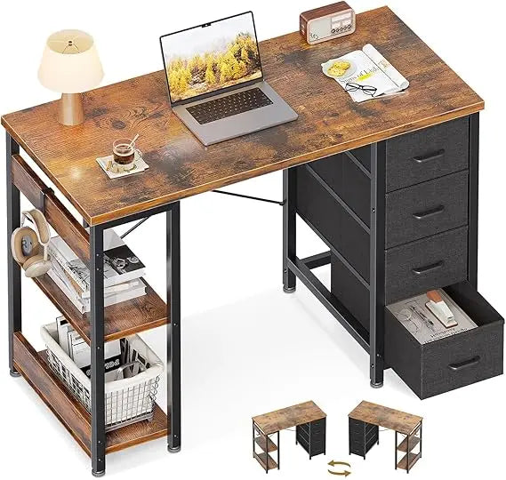 40 Inch Compact Computer Desk with 4 Fabric Drawers, for Small Spaces.
