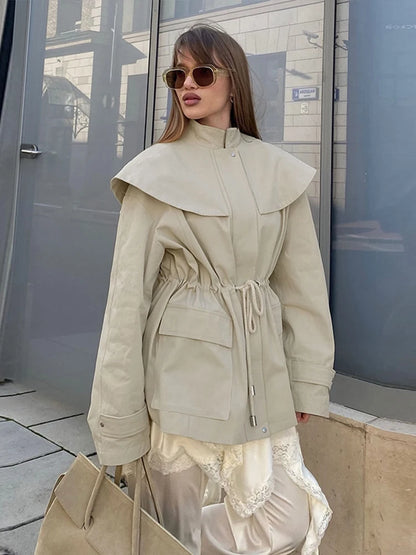 Women's Khaki  Drawstring Utility Style Jacket