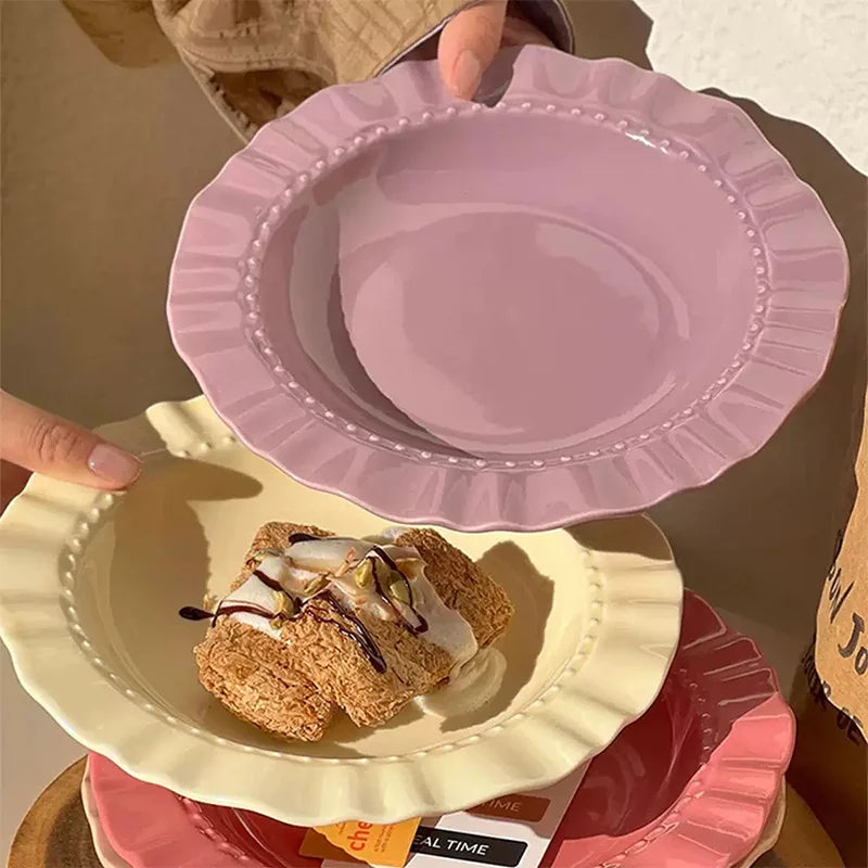 4pcs Multi-Color Ceramic Plate Set Ripple-Edge