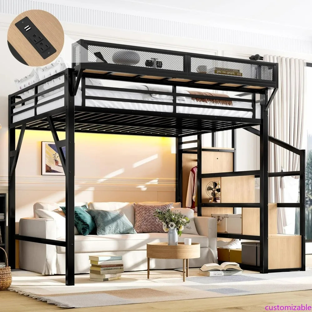 Queen Size Metal Loft Bed Frame, with Storage Stairs, Side Shelf, Wardrobe, USB Ports, and LED Lighting
