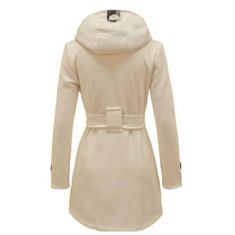 New Plaid Hooded Woolen Coat, Waist Belt Double Row Buttons, Mid-Length Outerwear.
