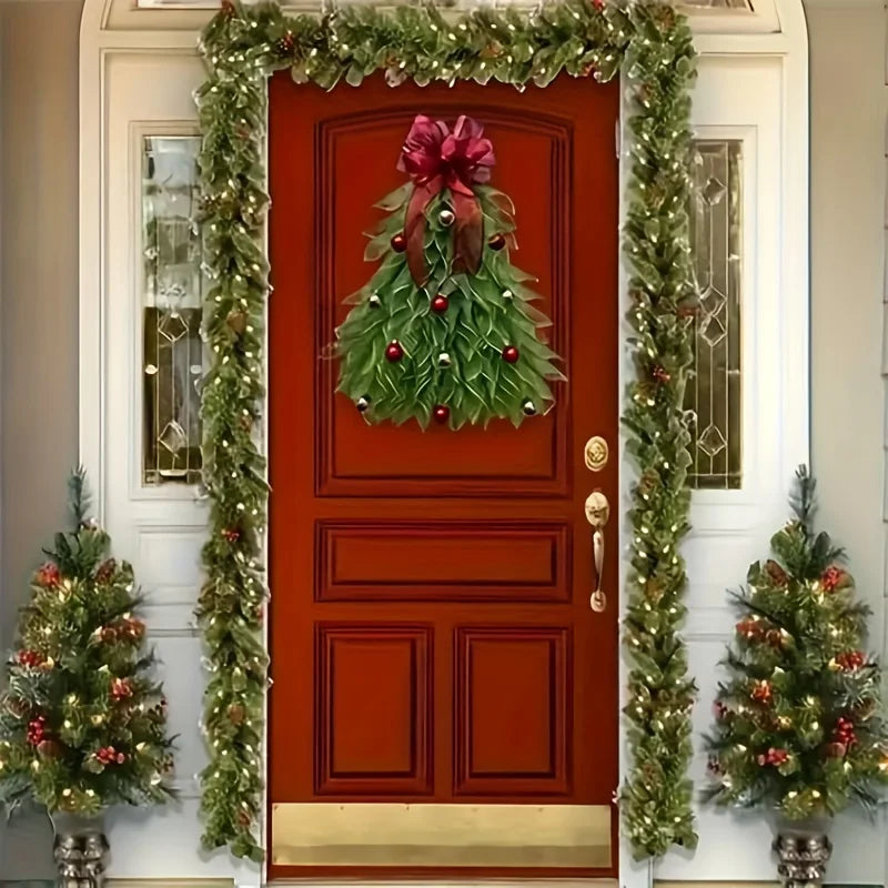 Elegant Door Decoration Red Ribbon ,Greenery & Golden Balls ,Easy Hang