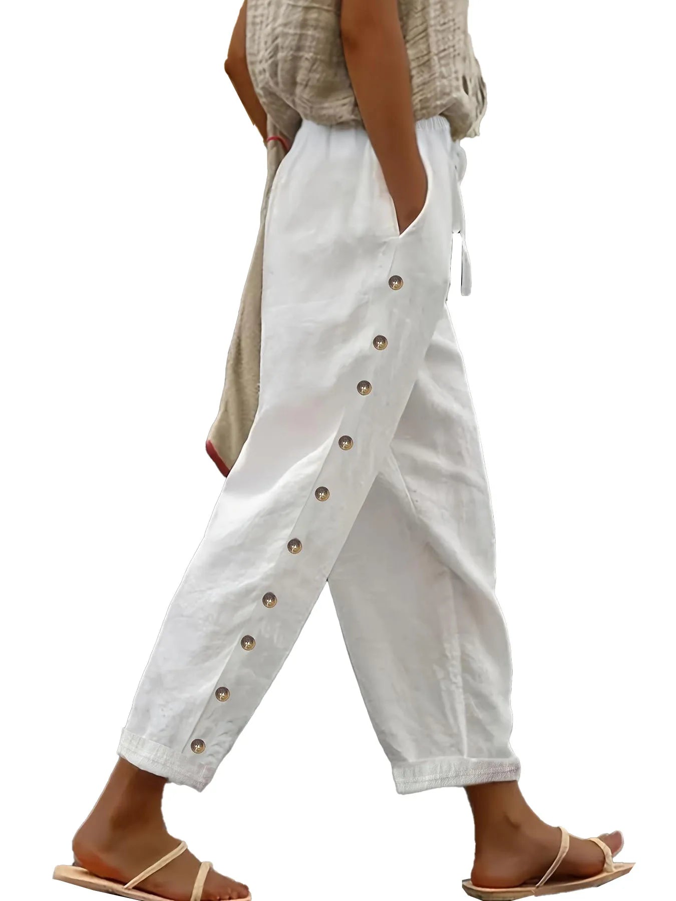 Women's Elastic Waist Pants - Relaxed Fit Casual Trousers, Versatile 3/4 Length Lounge Pants.