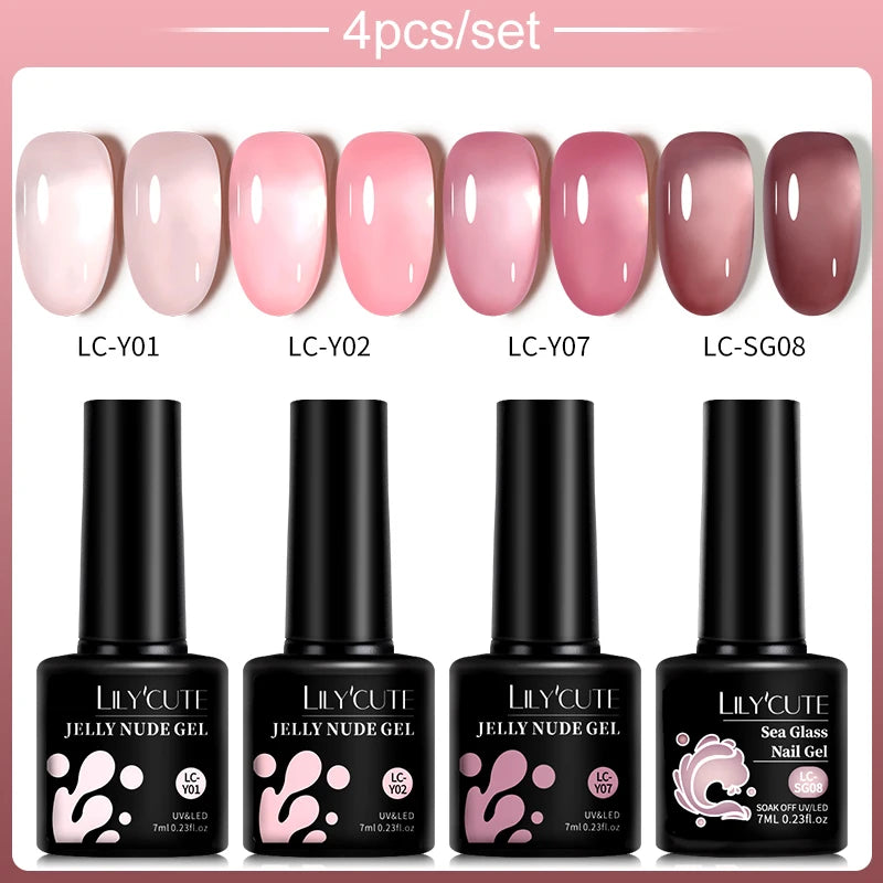 LILYCUTE 4/5Pcs/Set 7ML Nude Pink Gel Nail Polish, and Translucent Jelly Nail Art Gel, Semi Permanent Design Manicure Set.