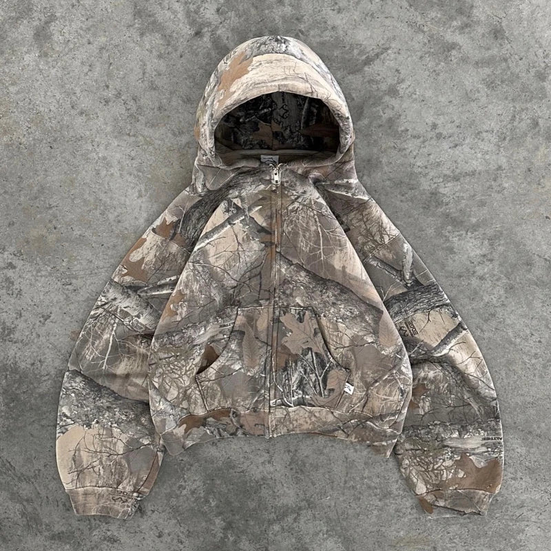 2 Pcs Outerwear Co-ords,Y2K Retro Camo Men Zipper Hoodie Camouflage Streetwear, Hip Hop Unisex Oversized Sweatshirt Sets.