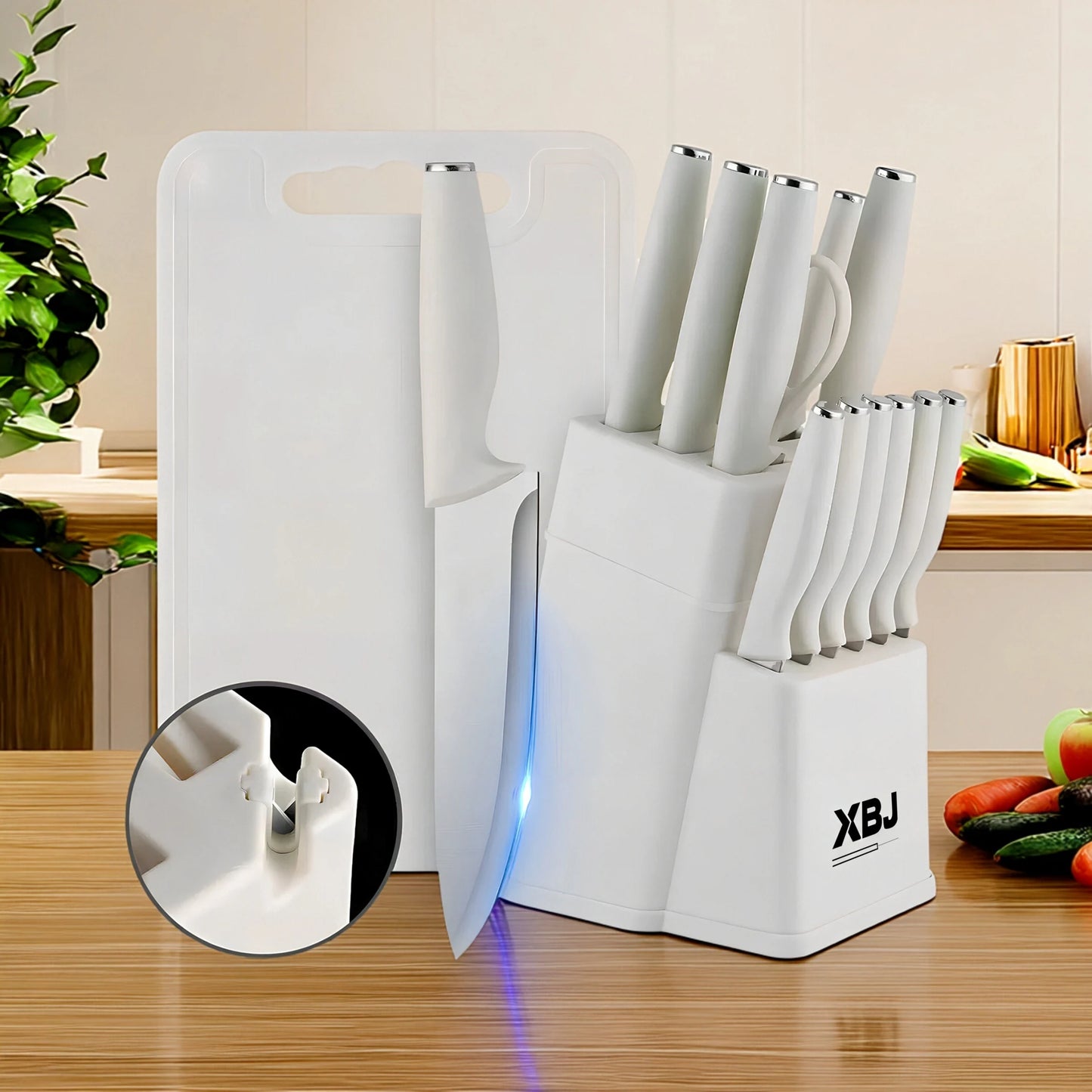 15-piece kitchen stainless steel knife set with knife holder, space-saving storage, full handling of ingredients.