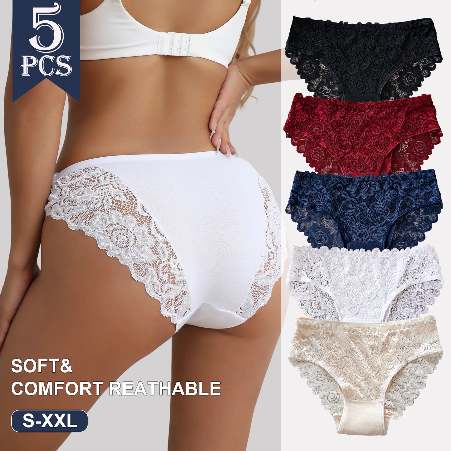 5PCS High End Lace Panties for Women, Pure Cotton Crotch Breathable Sexy Briefs Solid Color.