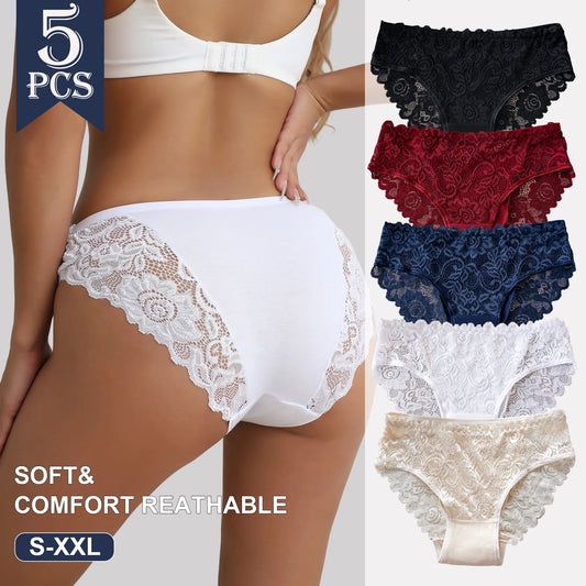 5PCS High End Lace Panties for Women, Pure Cotton Crotch Breathable Sexy Briefs Solid Color.