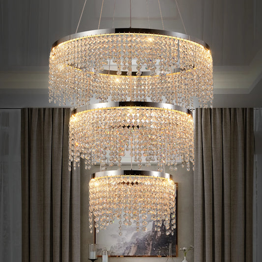 23.6-inch Crystal Chandelier, Dimmable Led Ceiling Lamp, Adjustable Color Temperature 3000K/4000K/6000K, Height Adjustable, Luxury Round Chandelier, Suitable for Living Room, Dining Room, Bedroom.