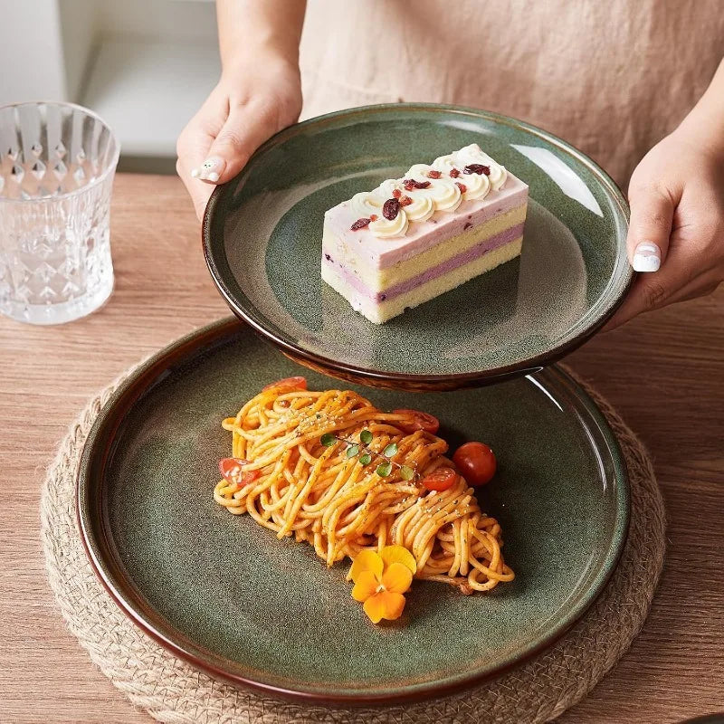 16 Piece Double Bowl Dinnerware Sets, with Pasta Bowls, Natural Earth ware Service for 4 Sage Green.