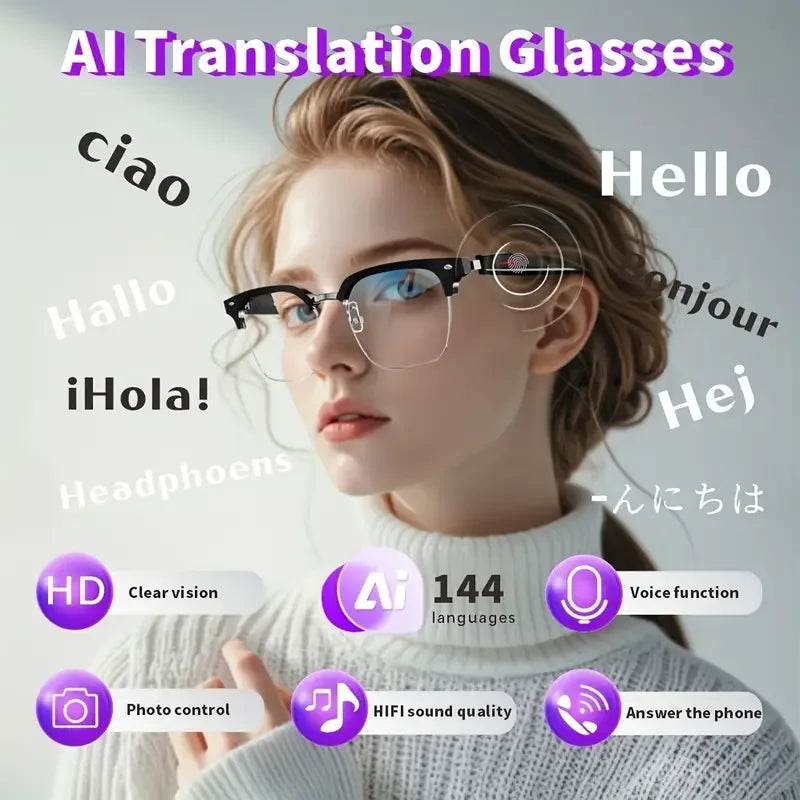 Smart Glasses AI Intelligent, Real-time Translation Sunglasses, Outdoor Sport, Earphone Calling Music Glasses.